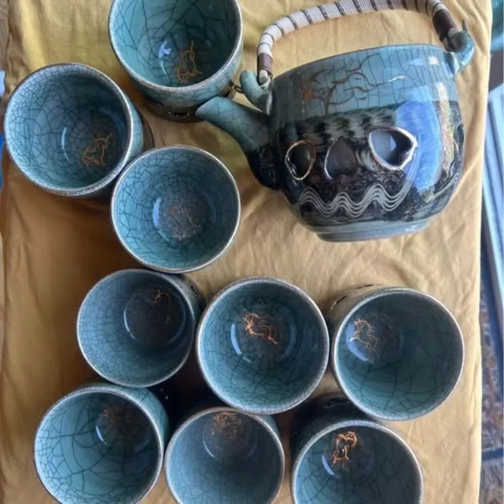 Vintage Obori Soma-yaki Double Walled Tea Set